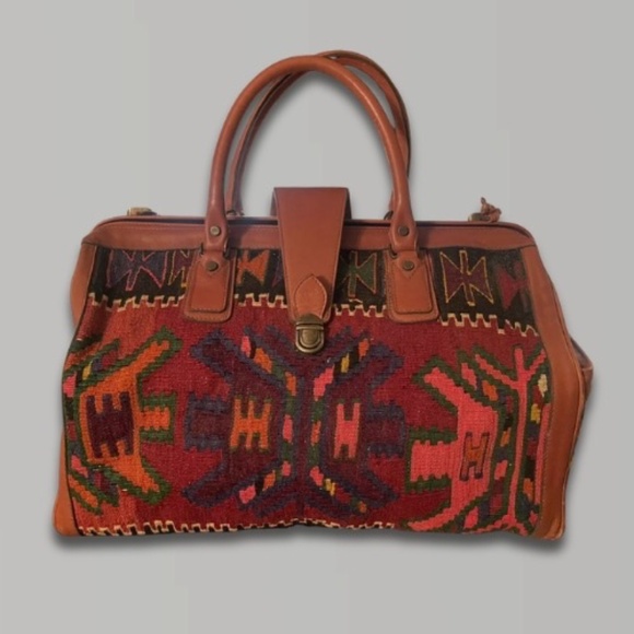 Vintage YUN ART Travel Bag Kilim Wool Leather Turkish Pattern Rush/Tan One Size - Picture 1 of 15